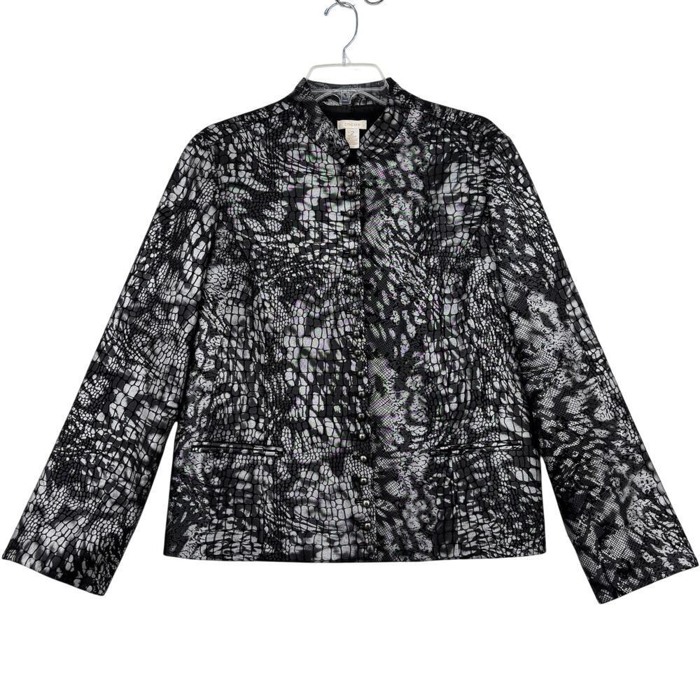 Chico's Blazer Jacket Size L Black Silver Metallic Lined Snap‎ Up Button Detail